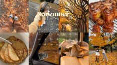 a collage of photos with food and people in the fall, including an apple pie