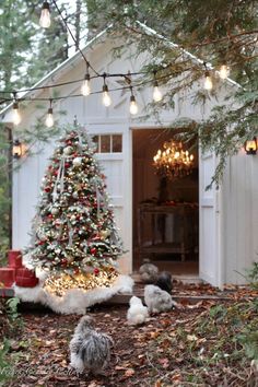 a christmas tree in front of a small white house with lights on the roof and decorations around it