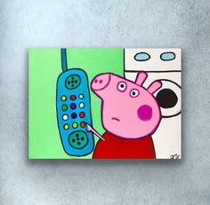 a painting of a cartoon character holding a phone