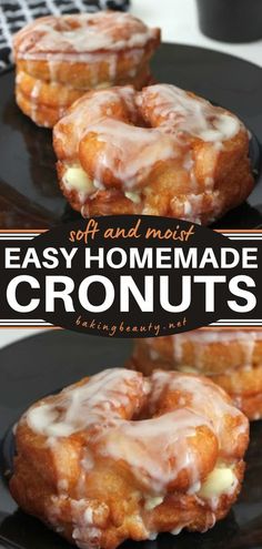 three glazed donuts sitting on top of a black plate with the words easy homemade cronuts