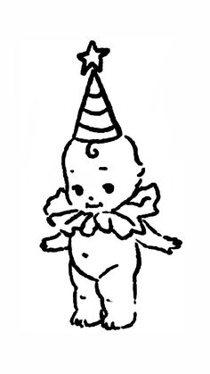 a black and white drawing of a teddy bear wearing a party hat with a star on top