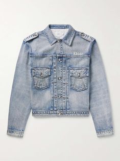 Shop RHUDE + Lamborghini Logo-Embroidered Denim Jacket, Explore the latest in-season RHUDE collection today on MR PORTER Denim Jacket For Men, Lamborghini Logo, Embroidered Denim Jacket, Broad Shoulders, Jacket For Men, Embroidered Denim, Light Blue Denim, Mr Porter