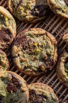 chocolate chip cookies with pistachios on a wicker table