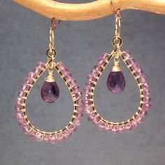 Hammered hoops wrapped with amethyst. Available in sterling silver or 14k gf Crafty Jewelry, Gemstone Jewelry Earrings, Wire Jewelry Rings, Lace Art, Beaded Earrings Patterns, Diy Wire Jewelry, Handmade Jewelry Diy, Wire Wrapped Earrings, Weaving Patterns