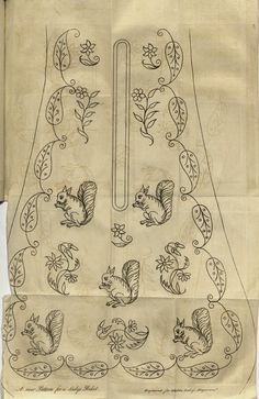 an old piece of cloth with designs on the front and back, including squirrels