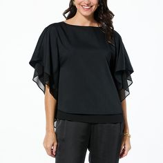 Nina Leonard Double Layer Hi-Low Kimono Top   Create your own signature style with this fun, elegant dolman-sleeve top that complements your favorite bottoms. Black Top With Overlay For Spring, Black Spring Tops With Overlay, Black Summer Tops With Overlay, Elegant Black Tops For Layering, Chic Summer Top With Overlay, Chic Summer Tops With Overlay, Casual Crew Neck Top For Evening, Elegant Batwing Sleeve Tops For Spring, Elegant Spring Tops With Batwing Sleeves