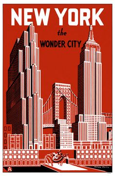 an advertisement for new york, the wonder city in red and black with skyscrapers