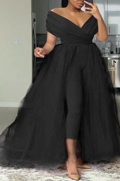 Xpluswear Plus Size Formal Casual Solid Off The épaule V Neck Tulle Jumpsuit Romper (avec jupe en tulle) Tulle Jumpsuit, Casual One Piece, Suit Type, Tulle Skirt Black, Jumpsuit Fitted, Look Plus Size, Tulle Skirts, Plus Size Formal, Formal Casual