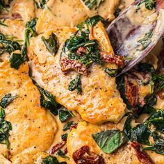 chicken with spinach and white sauce in a skillet