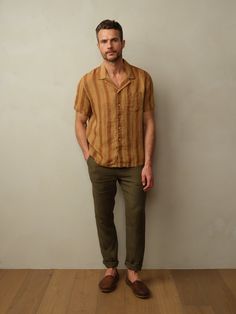 Camp collar shirt in embroidered French linen. Garment washed for an extra soft hand. Fit: Model is wearing size M. Fits true to size. Bowling collar with a straight hem. Material: 100% European Flax. Coconut shell buttons. Care: Machine wash cold with like color. Tumble dry low. Do not bleach. Cool ironing. Origin: Made in Portugal. Men’s Guayabera Outfit, Camp Shirt Outfit, Men Resort Wear, Camping Outfits Men, Guayabera Outfit, Fall Camping Outfits, Camping Outfits For Women Summer, Winter Camping Outfits, Justin Blake