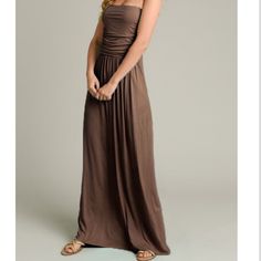 Light Mocha Color Strapless Maxi Dress Brown Sleeveless Ruched Maxi Dress, Brown Strapless Ruched Dress, Casual Brown Strapless Dress, Brown Ruched Maxi Dress For Date Night, Casual Brown Maxi Dress For Evening, Chic Brown Strapless Dress, Mocha Color, Strapless Maxi, Strapless Maxi Dress