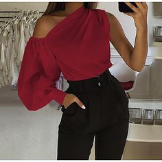 Stylish Tops Fashion, Womens Party Tops, Asymmetrical Blouse, Khaki Fashion, Women Office, The Office Shirts, Off Shoulder Fashion, Elegant Blouses, Cold Shoulder Blouse