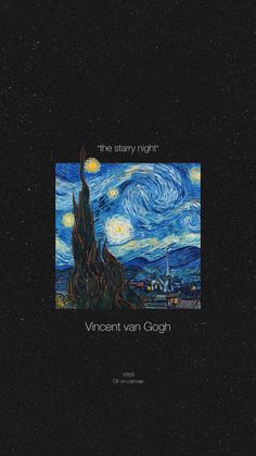 the starry night by vincent van gogh is shown in black and blue with stars above it