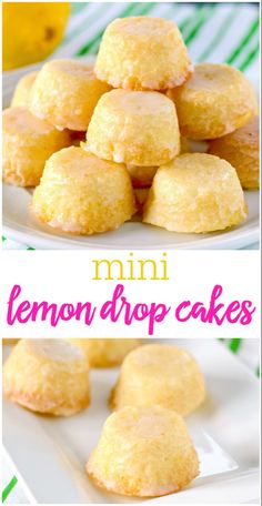 mini lemon drop cakes on a white plate with the title in pink and yellow overlay