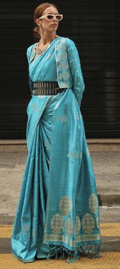 Blue color Saree in Satin Silk fabric with Weaving work Long Choli Lehenga, Angrakha Style, Saree Sale, Traditional Silk Saree, Ethnic Sarees, Satin Saree, Utsav Fashion, Trendy Sarees, Woven Design