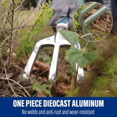 there is a metal garden tool in the grass with words on it that read, one piece deocast aluminum no weeds and anti - rust and wear resistant