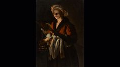 a painting of a woman holding a bird