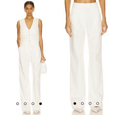 Brand New. Everyone's Favorite. (Hence, The Name.) These Tailored, Best-Selling Beauties Have A Fluid Wide-Leg Silhouette With A High Waist And Front Pleats. Crafted From A Rigid White Denim With Front Pockets And A Relaxed Fit, These Lightweight Trousers Stand Tall On Their Own And Look Great As A Set When Paired With The Coordinating Poppy Vest In Geneva. Product Details 100% Cotton Made In China Machine Wash Zip Fly With Hook And Bar Closure 4-Pocket Design Midweight Denim Fabric Item Not Sol Mid-rise White Wide Leg Pants With Pockets, White Wide-leg Bottoms With Patch Pockets, White Mid-rise Wide Leg Denim Pants, White Full-length Pants With Side Pockets, White Wide-leg Cargo Pants With Elastic Waistband, Favorite Daughter, Jumpsuit Trousers, Geneva, White Denim