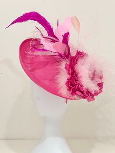 "Couture Kentucky Derby Fascinator Hat,  Double side Rose Pink Cruved Hat with Large Multi shade of Pink Flower with Marabou feather ostrich feather, coque feathers  15\" Hat   Message me for your customization." Pink Feathered Fascinator With Curved Brim, Feathered Fascinator With Curved Brim, Fitted Mini Hats With Feathers And Curved Brim, Fitted Mini Hat With Feathers And Curved Brim, Elegant Pink Fascinator For Carnival, Pink Mini Hats For Evening Carnival, Pink Feathered Formal Hat, Formal Pink Feathered Hats, Formal Pink Hats With Feathers