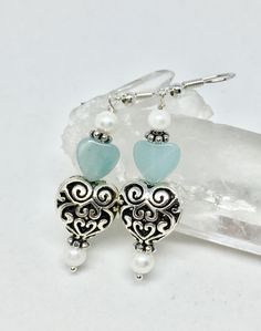 Amazonite and freshwater pearl earrings, heart earrings, pearl jewelry, amazonite earrings, blue stone earrings, June, healing stone by ItsMyCreativeNature on Etsy https://www.etsy.com/listing/610489483/amazonite-and-freshwater-pearl-earrings Blue Stone Earrings, Blue Stones Jewelry, Amazonite Earrings, Amazonite Jewelry, Healing Stones Jewelry, Bead Earring, Simple Crafts, Semiprecious Stone Jewelry, Beaded Earring