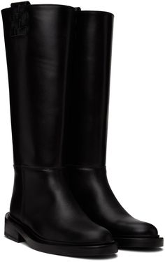 Knee-high paneled buffed calfskin boots in black. · Pull-loops at collar · Woven detailing at sides · Buffed calfskin lining · Stacked leather heel with rubber injection · Leather sole · Heel: H1.5 in Supplier color: Black Round Toe Shoes, Black Knees, Boots Knee, Black Leather Boots, Suede Boots, Stacked Heel, Black Heels, Leather Heels, High Boots