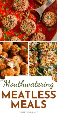 meatballs and vegetables are featured in this collage with the words, mouthwatering meat