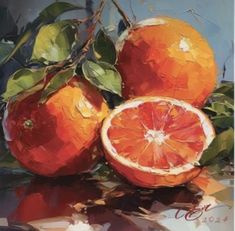 an oil painting of oranges on a table