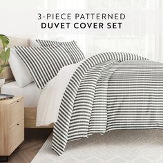 three piece striped duvet cover set in black and white