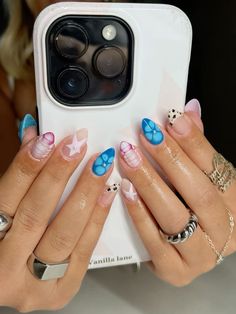 nail inspo, fun nails, summer nails, flower nails, airbrush nails, blue and pink nails, cheetah nails, animal print nails Blue And Cheetah Nails, Pink Blue And Purple Nails, Pink Nails Cheetah, Blue Cheetah Print Nails, Blue And Purple Nails Designs, Blue Cheetah Nails, Nail Inspo Fun, Nails With Cheetah Print, Nails Blue And Pink