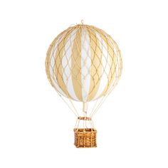 a white and gold striped hot air balloon with a basket attached to the front, on a white background