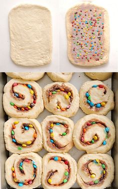 several different types of pastries in a pan with sprinkles on them