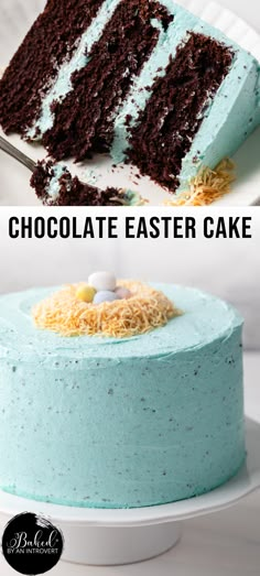 Two images, with the top one being a slice of chocolate cake with blue frosting laid on its side on a plate. The bottom image is a whole cake with coconut shavings in the shape of a nest and candy eggs inside. Chocolate Easter Cake, Bunny Cakes, Savory Ham, Recipes For Easter, Easter Lunch, Homemade Cupcakes, Decadent Chocolate Cake