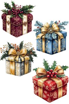 three presents with bows and holly on them