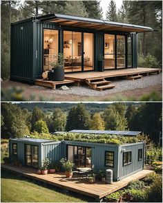 two pictures side by side of a house made out of shipping containers and the same container