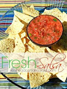 fresh salsa in a bowl with tortilla chips on the side and text overlay