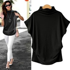 Arrives by Fri, Mar 17 Buy Nomeni Women Turtleneck Short Sleeve Cotton Solid Casual Blouse Top T Shirt Plus Size at Walmart.com Ruffle Blouse Designs, Grey Shirts Women, Women Turtleneck, Casual Turtleneck, Turtleneck T Shirt, Gilet Long, Top Streetwear, Womens Turtleneck, Top T Shirt