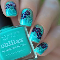 piCture pOlish 'Chillax' tropical nails Hawaiian Nails, Teal Nail Designs, Tropical Nail Art, Fingernail Art, Decorative Nails, Nail Art Halloween, Beach Nail, Nails Flower, Teal Nails