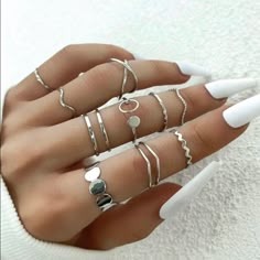 10 Piece Set Material: Alloy Multiple Sizes Midi Rings Silver, Ring Party Jewelry, Iron Ring, Knuckle Ring, Finger Rings, Rings For Girls, Hand Jewelry, Trendy Jewelry, Pretty Jewellery