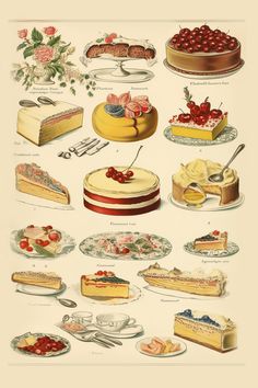 an illustration of various types of cakes and pies