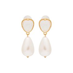 Clear & Pearl Drop Pierced Gold Earrings Luxury Pearl Embellished Earrings For Evening, Formal Pearl Clip-on Earrings, Formal Pearl White Clip-on Earrings, Modern White Pearl Earrings, Luxury Pearl Drop Clip-on Earrings For Formal Occasions, Chic Pearl Drop Clip-on Earrings For Formal Occasions, Chic Formal Pearl Drop Clip-on Earrings, Elegant Pearl Clip-on Earrings For Formal Occasions, Elegant Pearl Clip-on Jewelry