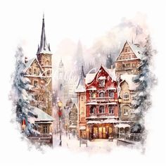 a painting of a snowy town with trees and buildings