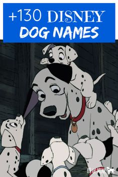 the 101 disney dog names that are in front of a cartoon character with their dogs