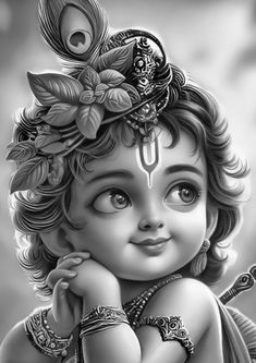 Black & White Cute Krishna 🥰 Krishna Sketch, Krishna Tattoo, Realistic Sketch, Krishna Drawing, Boho Art Drawings, Pencil Sketch Images, Drawing People Faces, Getting A Tattoo, Baby Krishna