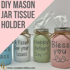 three mason jars with the words diy mason jar tissue holder written on them and tied in twine