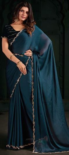 Blue color Saree in Chiffon fabric with Zircon work Formal Blue Bollywood Pre-draped Saree, Formal Blue Art Silk Saree, Blue Bollywood Blouse For Formal Occasions, Blue Art Silk Floor-length Saree, Blue Floor-length Saree For Reception, Blue Bollywood Formal Blouse Piece, Blue Bollywood Style Formal Blouse Piece, Blue Floor-length Saree With Pallu, Elegant Blue Georgette Traditional Wear