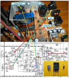 the electronic components are labeled in red and blue