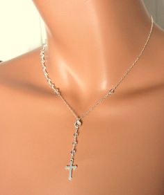 Sterling Silver Rosary Necklace Swarvovsi by divinitycollection Sterling Silver Crucifix Jewelry For Wedding, Elegant Sterling Silver Crucifix Rosary, Elegant Sterling Silver Rosary With Cross, Silver Crystal Crucifix Jewelry, Silver Cross Rosary For Wedding, Wedding Silver Cross Necklace With Cubic Zirconia, Sterling Silver Crucifix Necklace For Wedding, Elegant Silver Cross Necklace For Wedding, Silver Crystal Wedding Necklace