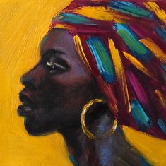 an oil painting of a woman's head with bright colored hair and gold hoop earrings