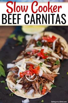 slow cooker beef carnitass on a tortilla