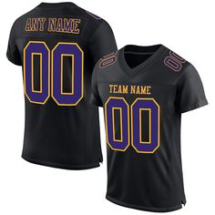 Custom Black Purple-Gold Mesh Authentic Football Jersey Customizable Black Jersey For Fan Gear, Customizable Black Jersey For Fans, Customizable Black Jersey For Game Day, Collegiate Black Customizable Jersey, Black Collegiate Jersey, Customizable, Customizable Black Varsity Jersey, Game Day Black Jersey With Team Logo, Customizable Black Jersey For Team Spirit, Black Team Spirit Jersey For Fan Gear